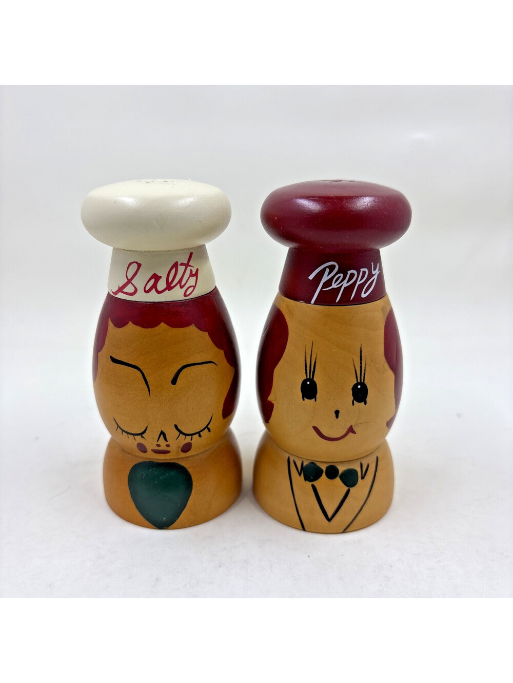 Vintage Salty and Peppy Shakers Painted Wood Chef Fun Retro Whimsy